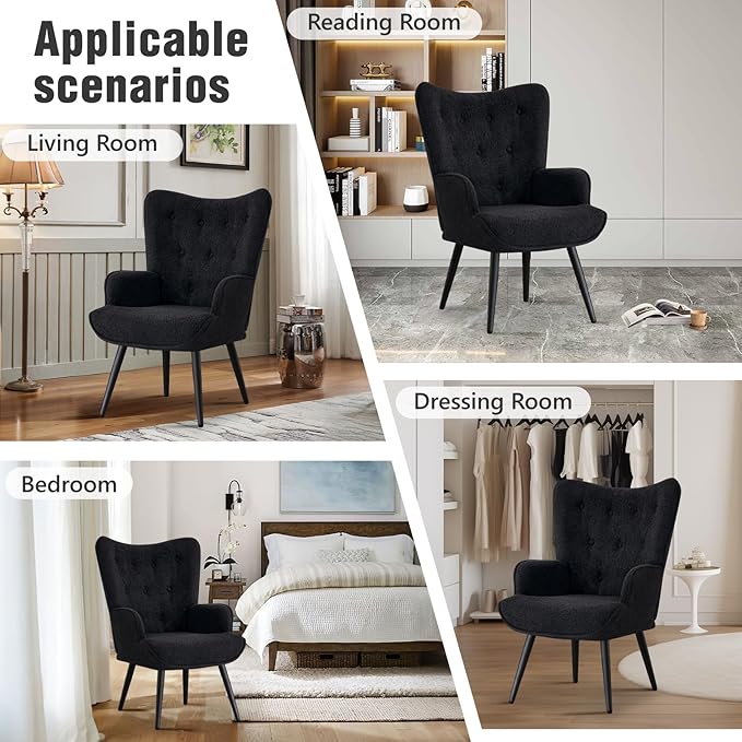 Furniliving Boucle Accent Chair for Living Room Upholstered Reading Chair with High Backrest Tufted-Button Wingback Armchair for Bedroom Dressing Room Home Office Black Set of 2