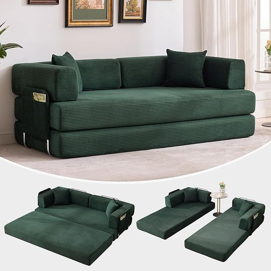 Convertible Sleeper Sofa Bed 78.8 Floor Sofa Bed 5-in-1 Folding Mattress Couch Loveseat with Fixed-Shape Frame Pillow Corduroy Fabric for Living Room Bedroom Lounge Dark Green
