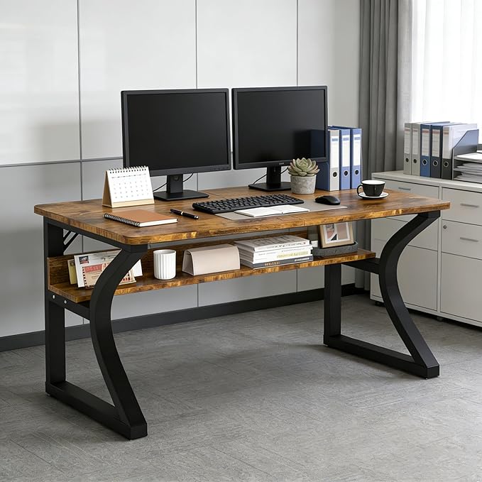 Oraspala﻿ Computer Desk 47 Inch Large Comouter Desk Home Office Desks with Storage Shelf Working Desk with Stable C-Shaped Legs Spacious Desktop for Home Office Gaming &amp Study (Brown 47inch)