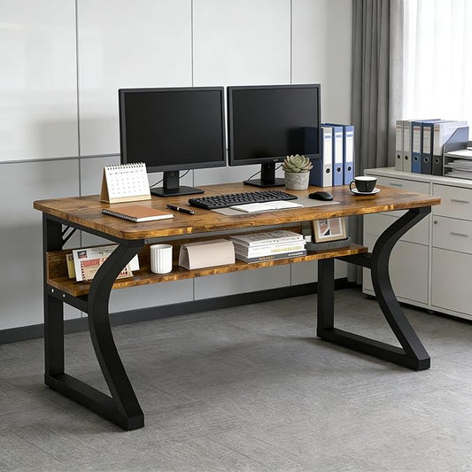 Oraspala﻿ Computer Desk 47 Inch Large Comouter Desk Home Office Desks with Storage Shelf Working Desk with Stable C-Shaped Legs Spacious Desktop for Home Office Gaming &amp Study (Brown 47inch)