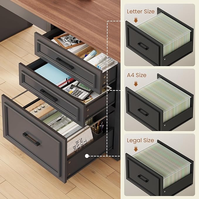 SEDETA Farmhouse L Shaped Electric Standing Desk 63 x 67 Height Adjustable Home Office Executive Desk with Drawers and Shelves Standing Computer Desks with Power Outlet for Home Office Black