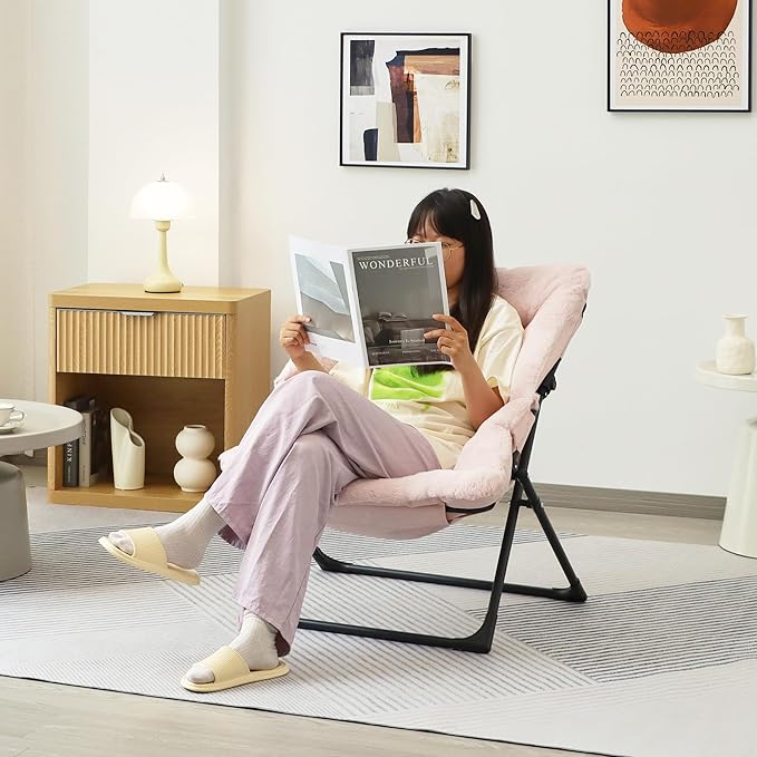 Comfy Saucer Chair for Adults Soft Faux Fur Bedroom Chair Accent Dorm Chairs Flexible Living Room Reading Chairs Oversized Folding Seat for Teens X-Large Light Pink