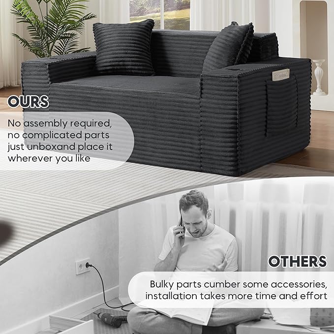 Boneless Sectional Sofa Couch with Cup Holders &amp Side Pockets Modern Corduroy Fabric Deep Seat Loveseat Cloud Couch for Living Room Office No Assembly (Grey)