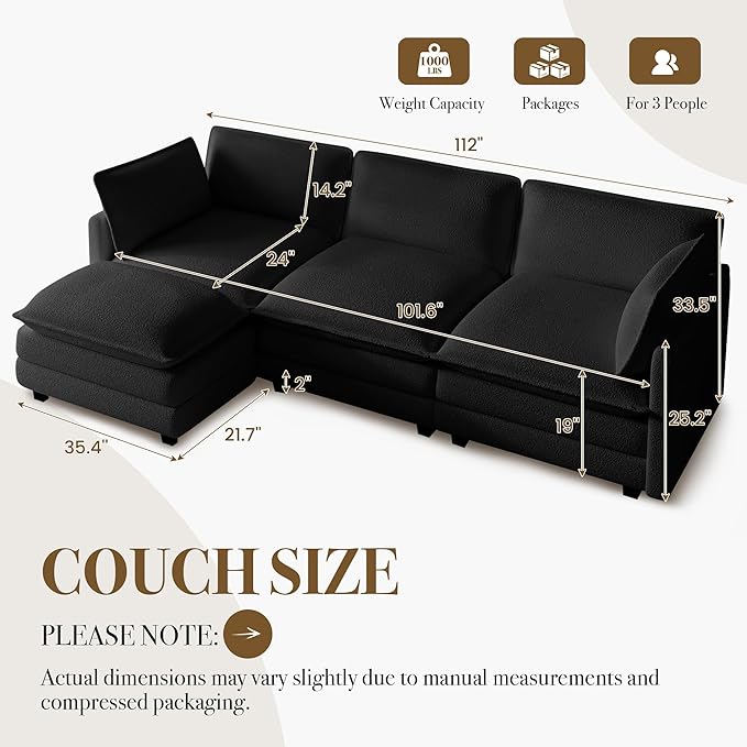ROWHY 112'' Modular Sectional Cloud Couch with Movable Ottoman 4 Seat Modern Chenille Sofa with 2 Throw Pillows Deep Seat L Shaped Couch for Living Room Bedroom Apartment Black | Arrange Freedom P