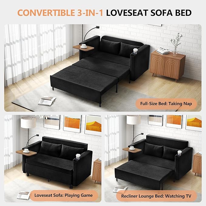 3-in-1 Convertible Sleeper Sofa Couch with Pullout Bed Loveseat Sleeper Sofa Bed with Hidden Side Table 56 Full Size Folding Futon Couch for Living Room Guest Room Apartment Home Office (Black)