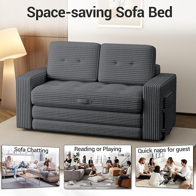 Convertible Boneless Sofa Bed 2 in 1 Pull Out Loveseat Sleeper Sofabed Folding Couch Bed with Pillows for Living Room Bedroom Small Space Grey