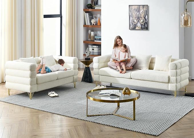 Antetek 60-inch Couches for Living Room Modern Teddy Fabric Upholstered Loveseat Sofa Couch with Square Arm and 4 Golden Metal Legs for Living Room Office Apartment White