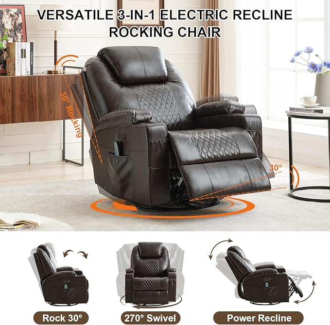 Power Swivel Rocker Recliner Chair for Adults with Heat and Massage LED Lights USB-A and USB-C Ports Electric Glider Recliner Nursery Chair for Living Room (Brown Set of 2)