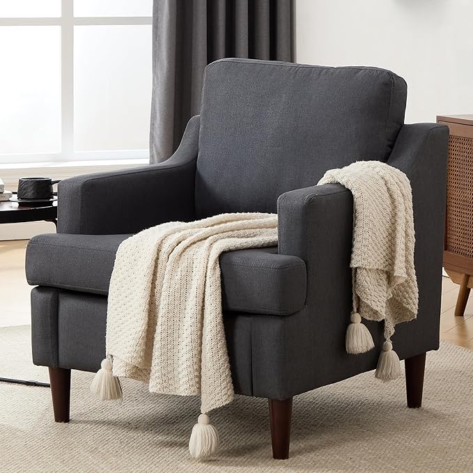 Mid-Century Accent Chair Modern Linen Fabric Armchair for Living RoomComfy Upholstered Reading Chairs for BedroomSingle Sofa Chair with Wood Legs (Darkgrey Set of 2)