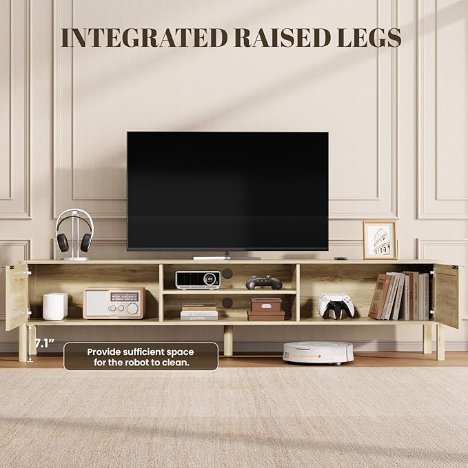 Rattan TV Stand for Living Room - Fits up to 80 Inch TVs Rattan Media Console Table with Adjustable Shelves &amp 2 Storage Cabinets Mid-Century Modern Entertainment Center Oak 71