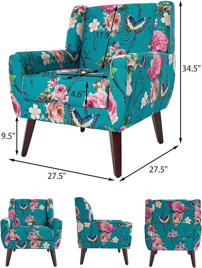 Accent Chair Modern Linen Blend Arm Chair for Living Room Bedroom Comfy High-Resilient Sponge Reading Chair for Small Spaces (Pattern Floral Blue Set of 1)