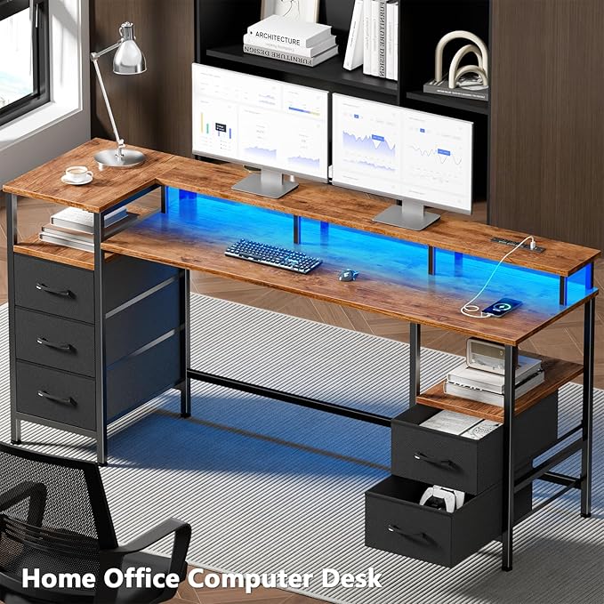 61 Inch Gaming Desk with Power Outlets and LED Lights Reversible Computer Desk with 5 Fabric Storage Drawers Home Office Desk with Monitor Stand for Working Writing Study Rustic Brown