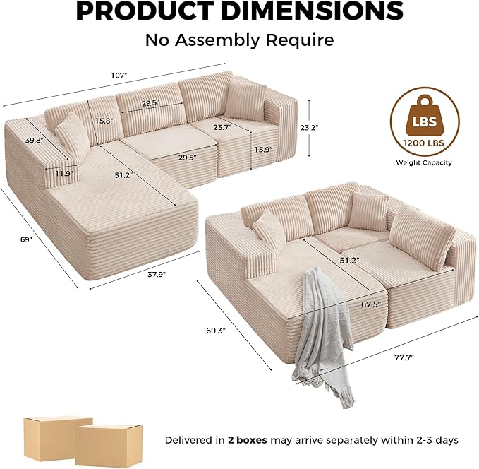 Boneless L-Shaped Modular Sectional Sofa 107 Modern Corduroy Upholstery Couch with Chaise for Living Room 3-Seater L Cloud Couches with Deep Seat No Assembly Left Facing Chaise Beige