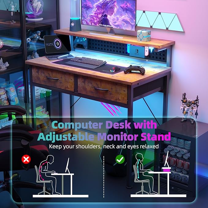 MUTUN Small Desk with Drawers 31 Inch Computer Desk with Power Outlet &amp LED Light Gaming Desk with Adjustable Monitor Stand &amp Pegboard Modern PC Study Writing Table for Bedroom Rustic Brow