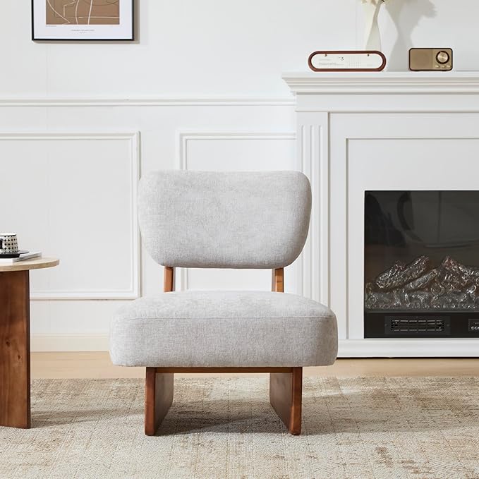 GDFStudio Upholstered Armless Accent Chairs Set of 2 Modern Side Chair Minimalist Leisure Chair with Backrest for Living Room Bedroom Reading Room Gray Cushioned Seat &amp Walnut Base