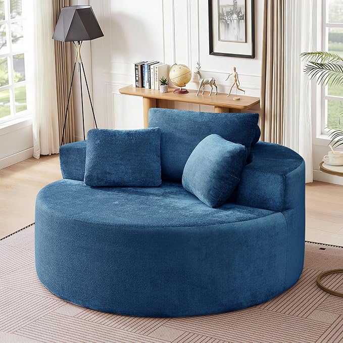Modern Round Accent Sofa Chair for Living Room Upholstered Soft Terrycloth Barrel Lounge Arm Chair with Large seat&ampThrow Pillows for Bedroom Office Apartment Blue