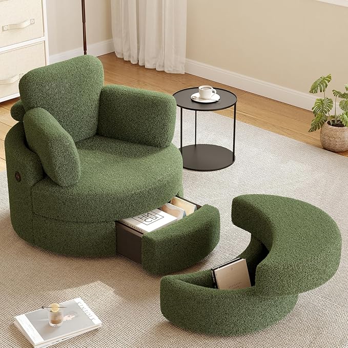 MEISSALIVVE Swivel Accent Chair with Half Moon Ottoman Round Chairs with Drawer Storage for Living Room 360° Barrel Chair with USB Charging Port (Teddy Fabric Green)