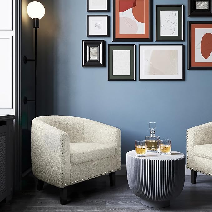 BELLEZE Accent Barrel Chairs Set of 2 Modern Tub Club Chairs Upholstered Armchairs for Living Room Accent Chairs with Silver Nail Head Trim Black Legs - Kyara (White/Polyester)