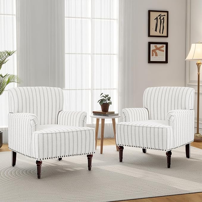 Accent Chair Mid Century Modern Comfy Armchair for Living Room Linen Fabric Single Sofa Lounge for Reading Bedroom Apartment Waiting Room with Wood Legs (Pinstripe Grey Set of 2)