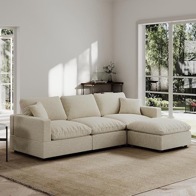 Modular Cloud Sectional Couches for Living RoomL Shaped Filled-Down Sofas95.4 Detachable Couch Cushion CoversCozy Sofa for Apartment Beige