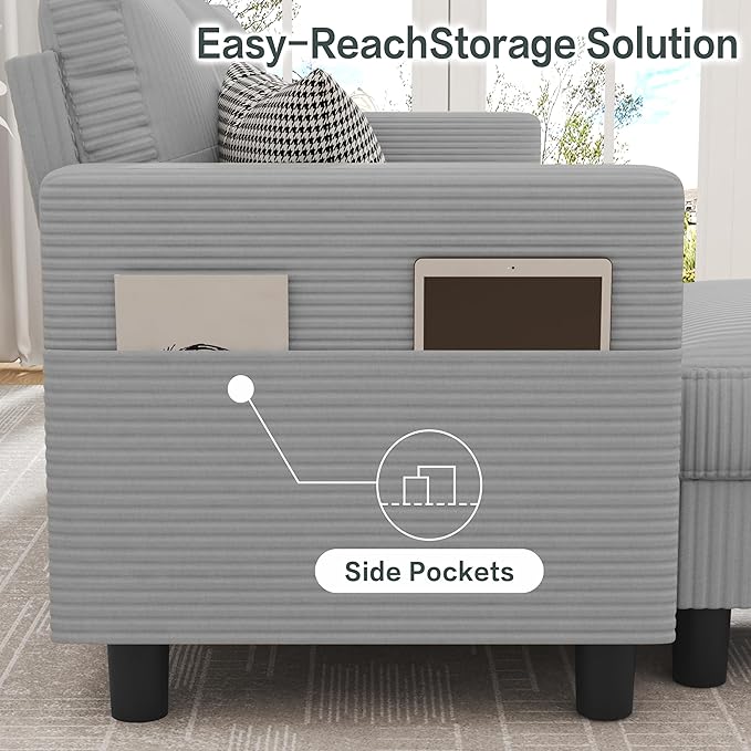 JY QAQA Convertible Sectional Sofa with 3-Seater Sofa L-Shaped Ottoman Couch with Modern Linen for Apartment Small Living Room and Small Space (Light Grey)
