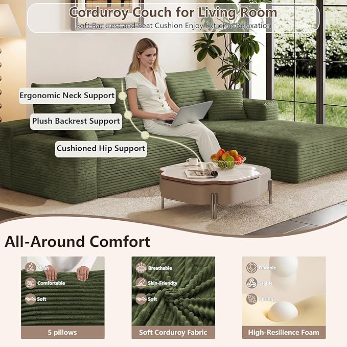 95 Cloud Sectional Couch with L-Shape Chaise Modular Comfy Sofa Chaise Longue Upholstered Corduroy Couches Sleeper with Deep Seat for Living Room Bedroom No Assembly Required(Green Right Facing)