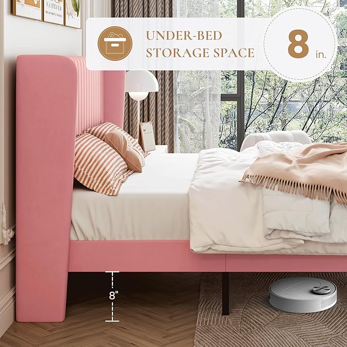 SHA CERLIN King Size Velvet Bed Frame with Vertical Channel Tufted Wingback Headboard Upholstered Platform Bed with Wood Slats No Box Spring Needed Easy Assembly Pink
