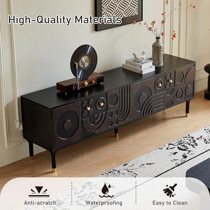 Modern TV Stand for 75 inch TV 66.9 Entertainment Center with Carved Geometric Doors TV Console with 4 Cabinet Storage Retro Art-Inspired Media Console for Living Room/Bedroom - Black