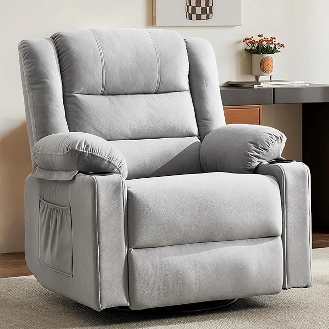 360°Swivel Rocker Recliner Chair for AdultsManual Glider Recliner Sofa with Massage and Heating Nursery Rocking Chairs with Cup Holds for Living Room Bedroom (Light Grey)