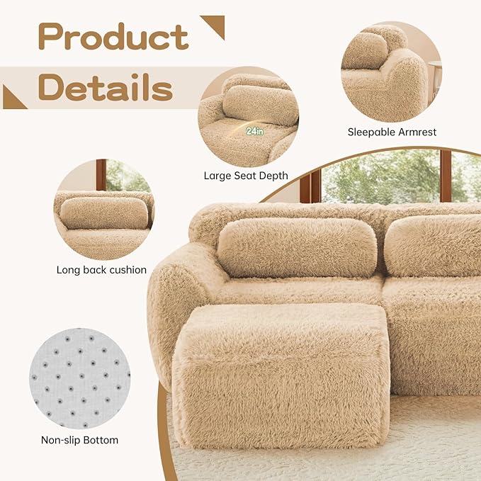 149 Modern Modular Boneless Sectional Couches for Living Room 4 Seater Deep Seat Compressed Sofa No Assembly Required Plush Fabric Fabric Cloud Comfy Sofa Set with 1 Ottoman L Shaped Camel