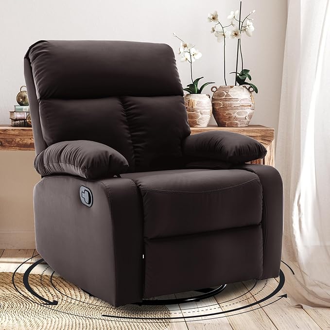 Swivel Rocker Recliner Chair Small Manual Reclining Chair with Overstuffed Arm and Back PU Leather Single Sofa Seat for Living Room Bedroom Dark Brown