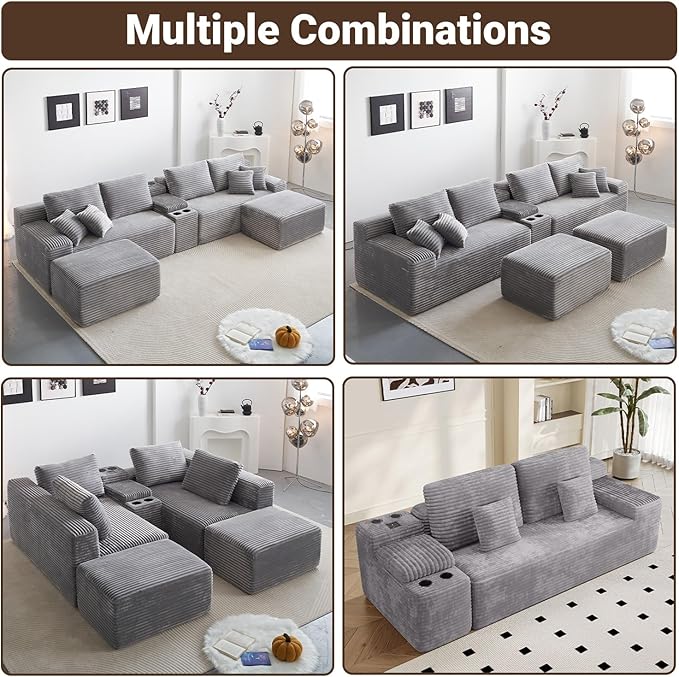 150 Modular Sectional Sofa with 2 Ottoman 5-Piece Cloud Sectional Couch with Console Storage USB Bluetooth Speaker &amp Cup Holder U Shaped Boneless Couches for Living Room Furniture Light Gre
