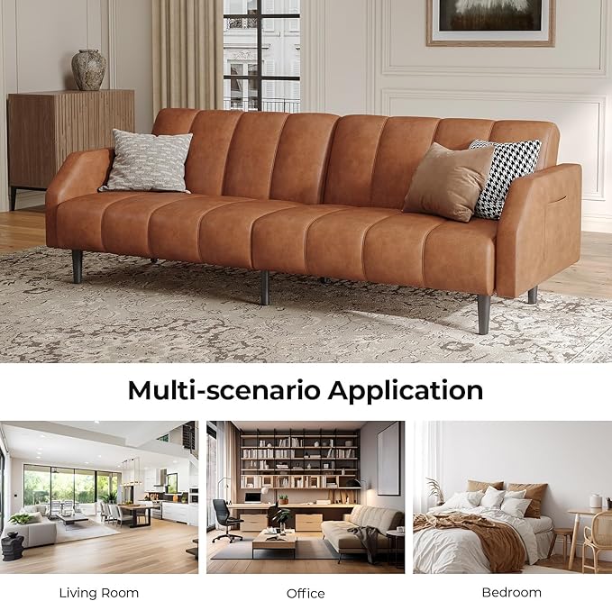 Fadware Faux Leather Couch Convertible Futon Sofa Bed with Adjustable Backrest Mid Century Leather Sofa Loveseat with Side Pockets&amp Metal Leg Modern Leather Sleeper Sofa for Living Room Bedroom