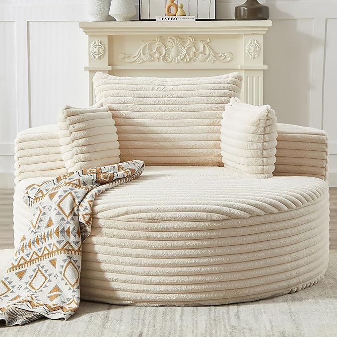 Oversized Round Chaise Lounge Chair Indoor 55'' Corduroy Deep Seat Circle Single Floor Sofa Chairs Modern Upholstered Sponge Armchair Cloud Sleeper Chair for Living Room Bedroom Apartment Beige
