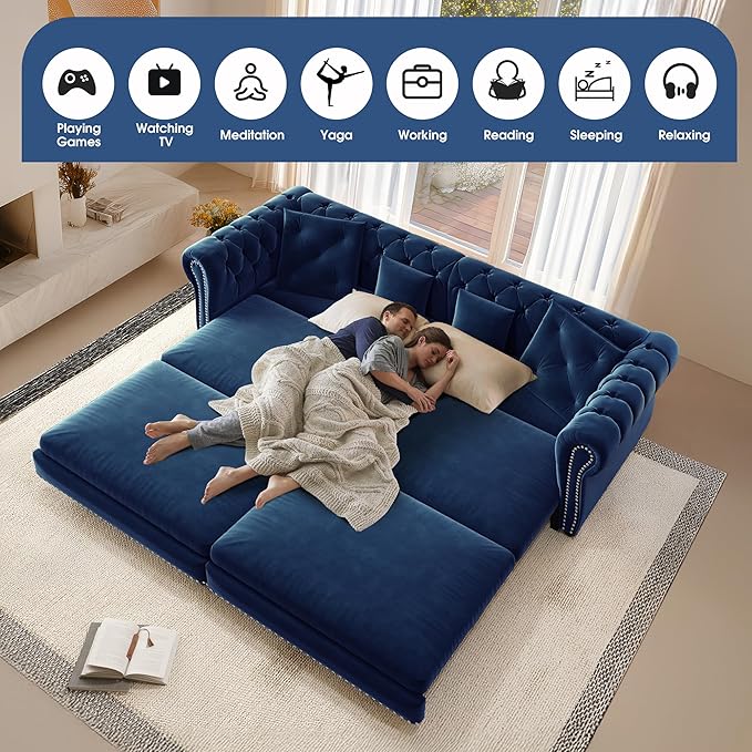 Oversized Sleeper Sofa Couch 89 Convertible Sleeper Sofa Bed for Living Room Bedroom Classic 3-in-1 Pullout Couch Bed with Movable Ottoman (Blue with Ottoman)