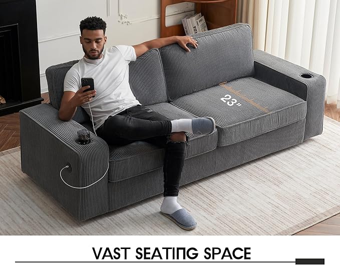 VanAcc Sofa Comfy Couch- Deep Seat Sofa Modern Couch with Cup Holders &amp USB Charging Ports Sofa Chair for Living Room(Ash Grey Corduroy)