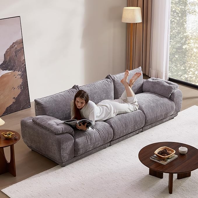 SICOTAS 102 Modular Sofa for Living Room - Cloud Sectional Sofa with Deep Seat &amp Removable Cover Modern 3-Seat Chenille Couch Sofas Set for Apartment Grey