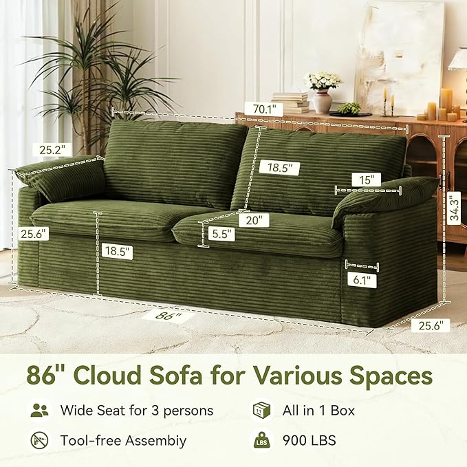 86 Loveseat Sofa Green Corduroy CouchModern Cloud Sofa Love Seat Deep Seat Slipcovered Sofa with 2 Wide Armrest Pillows for Small Spaces Apartment Studio Office Bedroom Living Room