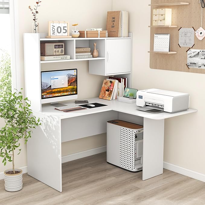 Giantex L Shaped Desk with Hutch White Corner Desk with Storage Shelf &amp Cabinet Laptop PC Table Gaming Computer Table Workstation Modern Executive Study Writing Desk for Home Office Bedroom