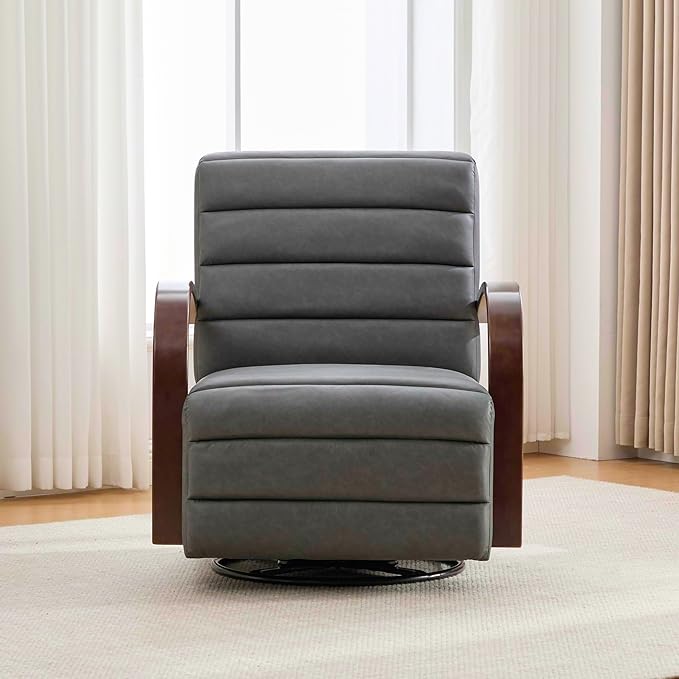 30.3 W Swivel Modern Boucle Upholstered Accent Chair with Solid Wood Armrests Comfy Lounge Reading Chair Side Armchair for Hotel Bedroom Living Room Office Nursery Room (Gray+PU)