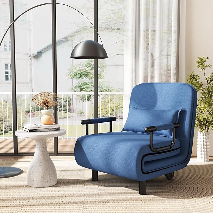 Giantex Convertible Sofa Bed 3-in-1 Folding Sleeper Chair with 5-Position Adjustable Backrest Wheels 2 Legs Recliner Chaise Lounge with Pillow Armchairs for Nursery Living Room Office (Blue)