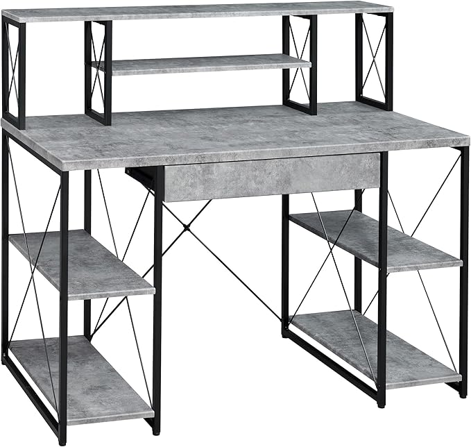 Penau Grey and Black Office Desk with Hutch Sturdy Writing Desk with 1 Drawer and 8 Open Shelves Modern Design for Office and Recording Studio