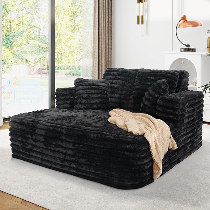 56 Oversized Chaise Lounge Chair IndoorPlush Faux Fur Sleeper Sofa Couch Bed with Pillows&ampWide ArmrestsFluffy Comfy Cloud CouchCompression Foam Couch for Living RoomBedroom(Black)