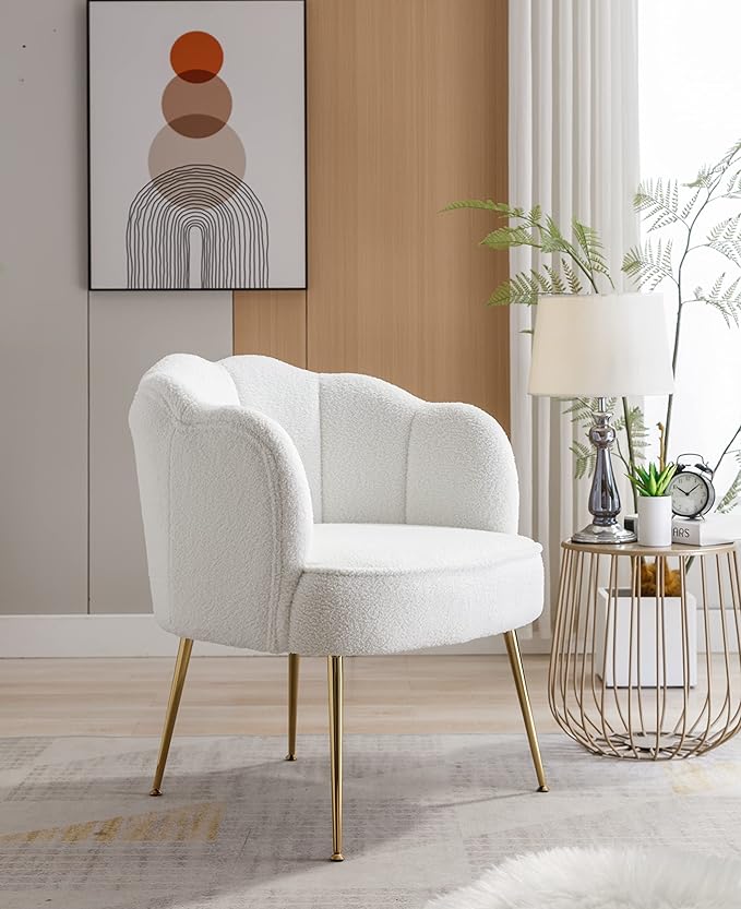 Shell Shape Teddy Fabric Armchair Accent Chair with Gold Legs for Living Room BedroomCreme White