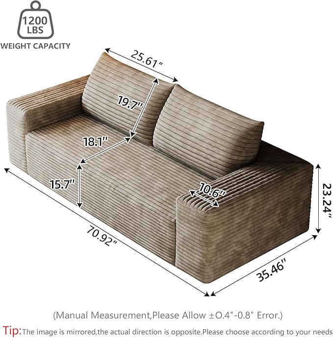 Modern Corduroy Loveseat Sofa2-Seater Cloud Couch with Memory Foam and Furry PillowsDeep Seat Small Sofa with Wide ArmrestsNo Assembly Couches in a Box for BedroomSmall Space (Camel63in)