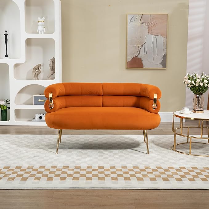 50” Velvet Loveseat Sofa Chair Mid Century Modern 2-Seater Small Love Seat for Small Spaces Accent Arm Chair with Golden feet Comfy Upholstered Leisure Couch for Living Room (Orange)