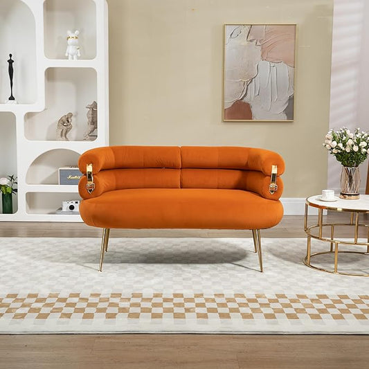 50” Velvet Loveseat Sofa Chair Mid Century Modern 2-Seater Small Love Seat for Small Spaces Accent Arm Chair with Golden feet Comfy Upholstered Leisure Couch for Living Room (Orange)