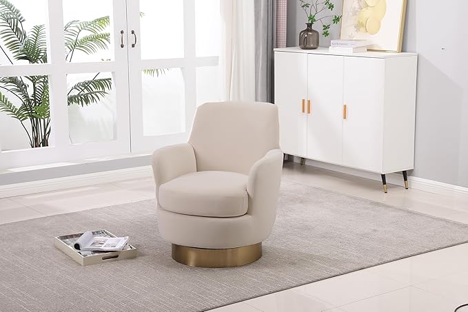 Swivel Accent Chair Modern Velvet American Design Swivel Round Barrel Chairs Upholstered Cozy Style for Living Room Bedroom Home Office (Velvet Beige 1 Pack)
