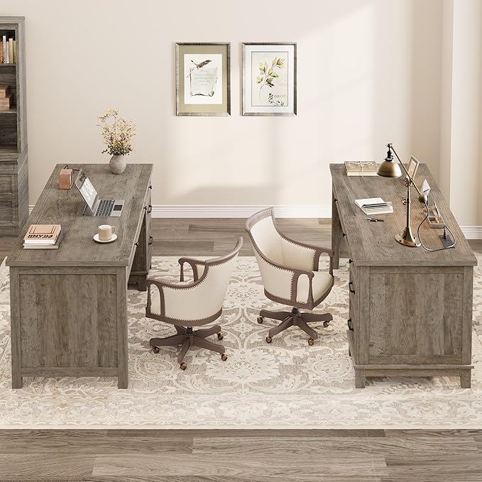 GarveeHome Farmhouse Executive Desk with Drawers 53.54 in Home Office Desk with Charging Station Wooden Computer Desk with File Cabinet Storage for Work Study Writing Rustic Gray