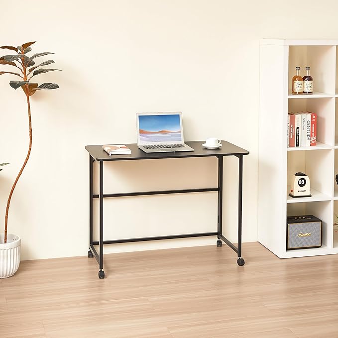 Folding Computer Desk with Wheels Small Writing Foldable Desk 39.37 Space-Saving Laptop Table Easy Assemble Workstation for Home OfficeBlack